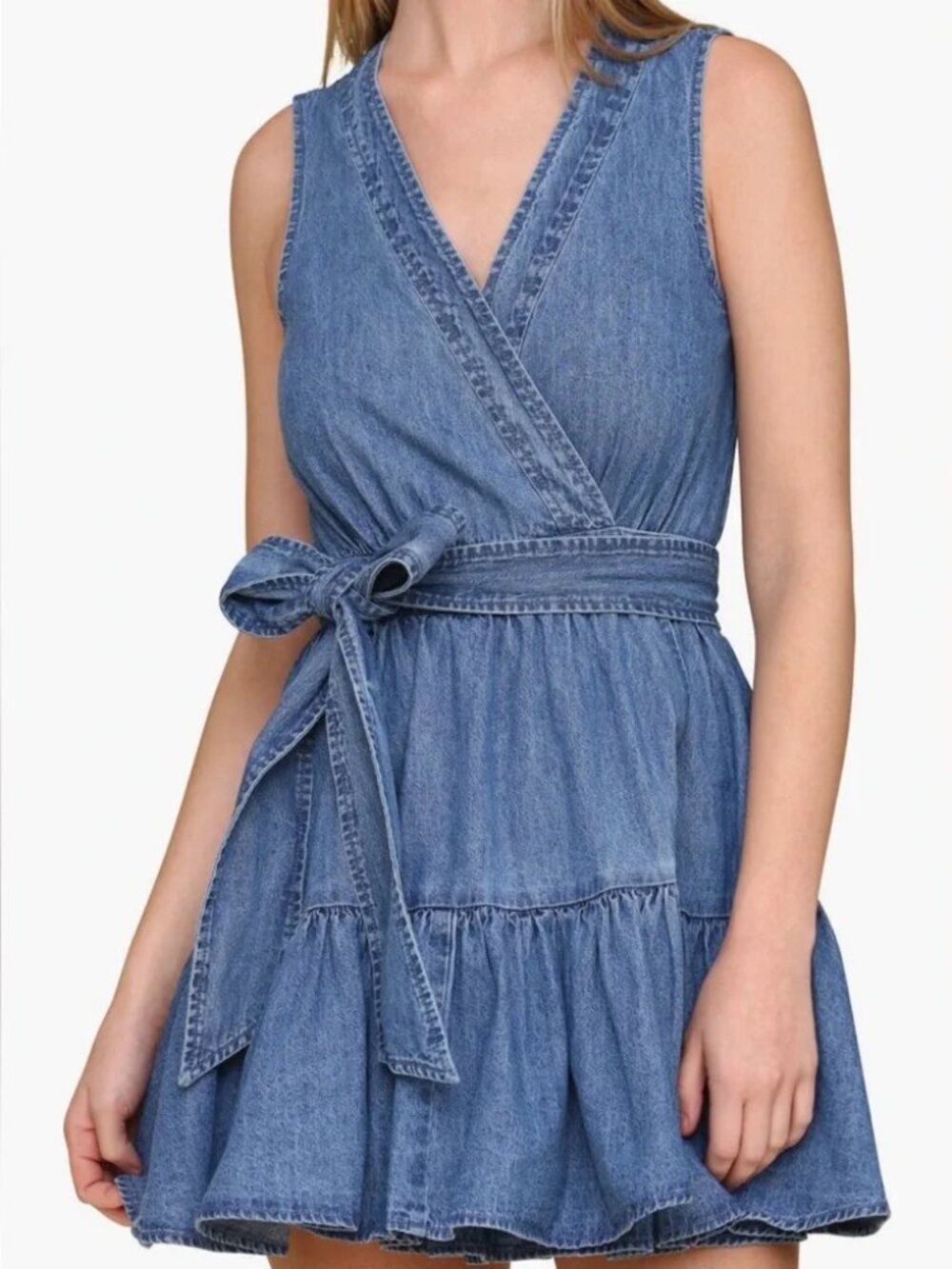 Avec Les Filles Tie Waist Wrap Women’s Denim Minidress. Sz: 10